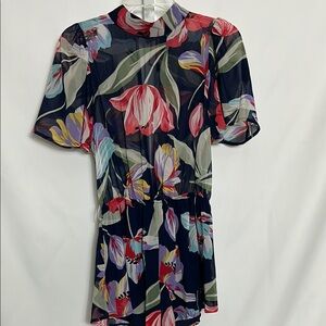 Audrey 3 + 1 Women’s Small Navy Blue Floral Sheer One Piece Shorts Outfit